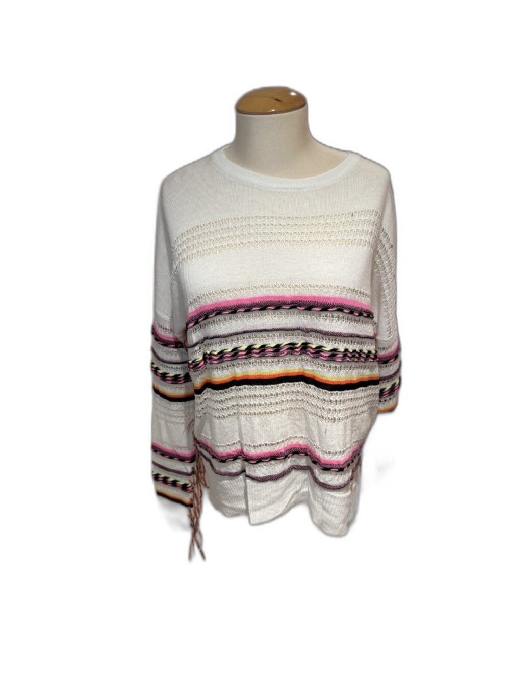 John + Jenn White Colorful-Stripe Fringe Sweater - S/P